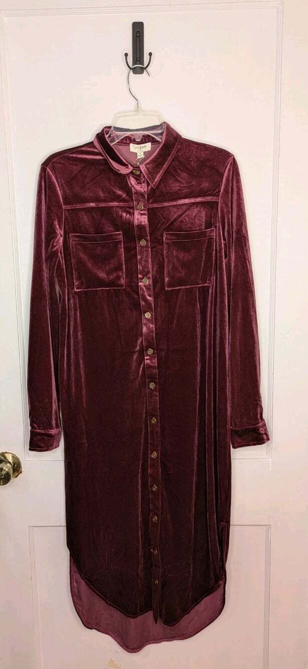 Umgee Velvet Shirt Dress Womens Medium Wine Burgundy High Low Boho Long Sleeve